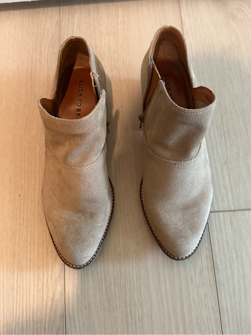 Lucky Brand Women’s Taupe Suede Pointed Ankle Booties